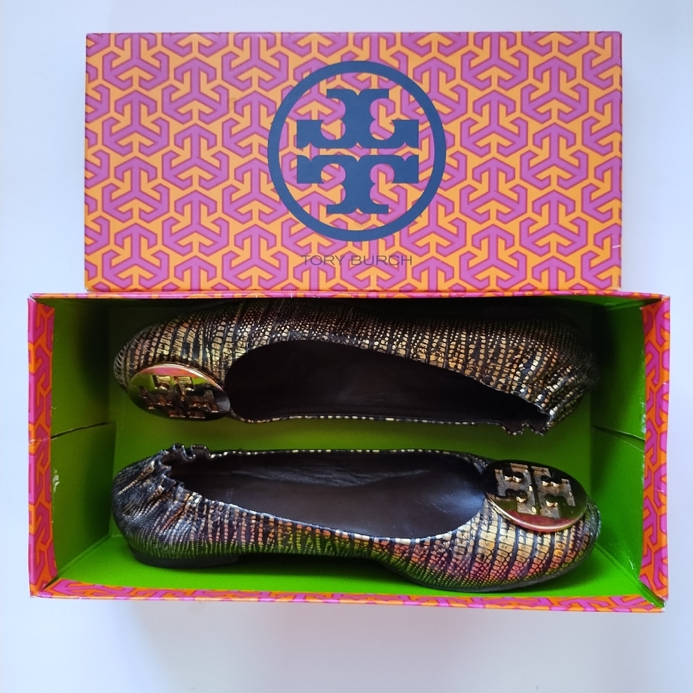 Tory Burch Gold/Bronze Reva Metallic Lizard Reva Ballet Flat Metal Logo Size 8.5 - Picture 3 of 15